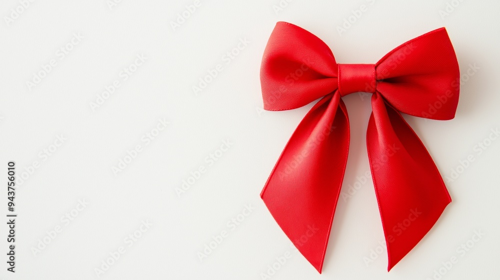 Decorative red bow is lying flat on a white surface, providing the perfect design element for holiday, birthday, or celebration announcements Decorative red bow is lying flat on a white surface, providing the perfect design element for holiday, birthday, or celebration announcements