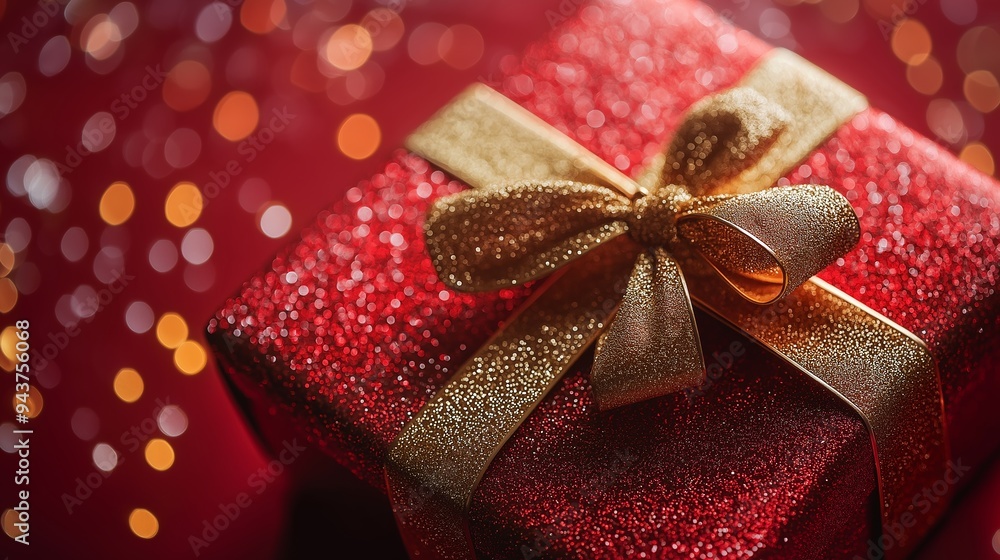 Red gift box with a golden ribbon is laying on a festive background with bokeh, suggesting a celebration like christmas or a birthday Red gift box with a golden ribbon is laying on a festive background with bokeh, suggesting a celebration like christmas or a birthday