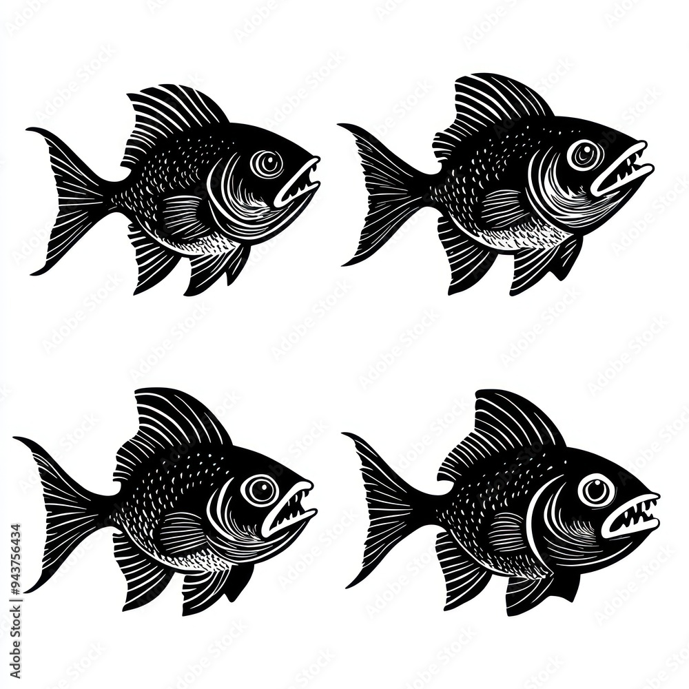Four stylized fish illustrations in black and white with exaggerated features. Four stylized fish illustrations in black and white with exaggerated features.