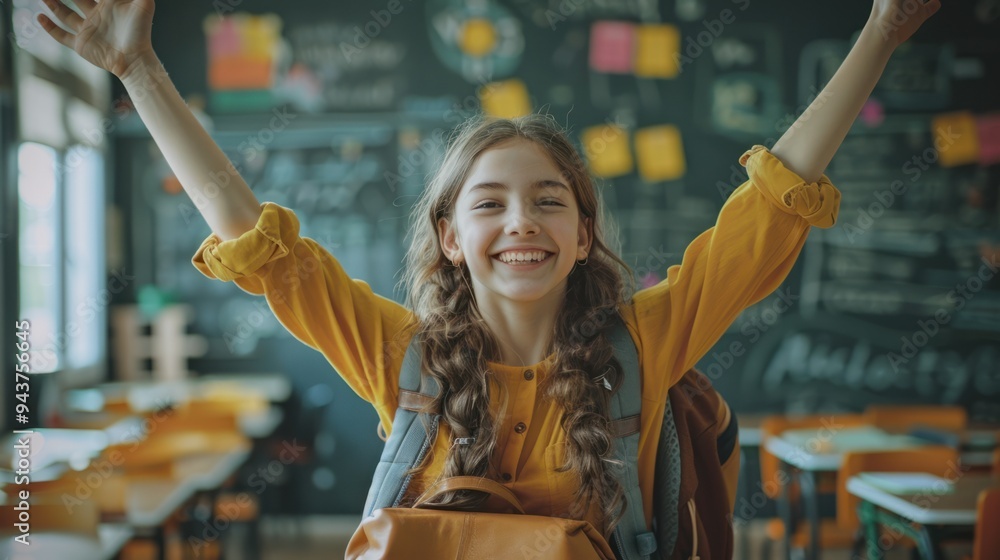 Fototapeta premium Joyful Schoolgirl Throwing Backpack in Classroom with Excitement