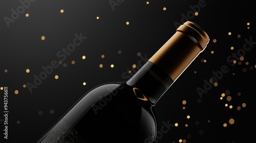 Sophisticated wine bottle with a golden top is lying on a black background with golden particles floating around, evoking a luxurious and celebratory atmosphere