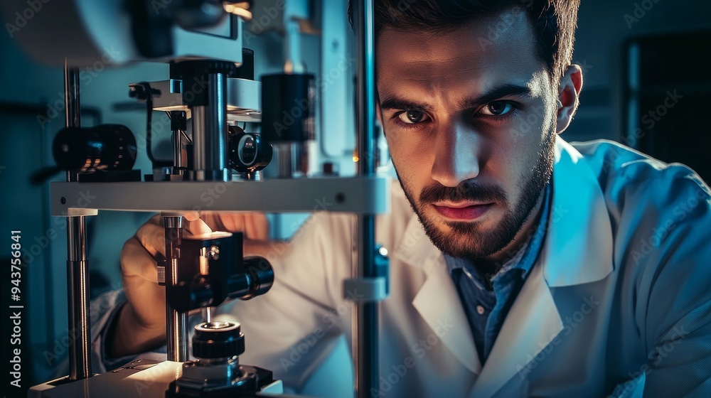 An eye doctor performs laser vision correction after evaluating a man's vision. An eye doctor performs laser vision correction after evaluating a man's vision.