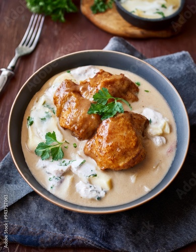 Baked chicken thighs in creamy sauce with parsley in a bowl