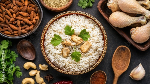 A vibrant bowl of kabsa shows steaming rice mixed with flavorful chicken and spices, creating an enticing presentation perfect for a cultural feast or family meal photo