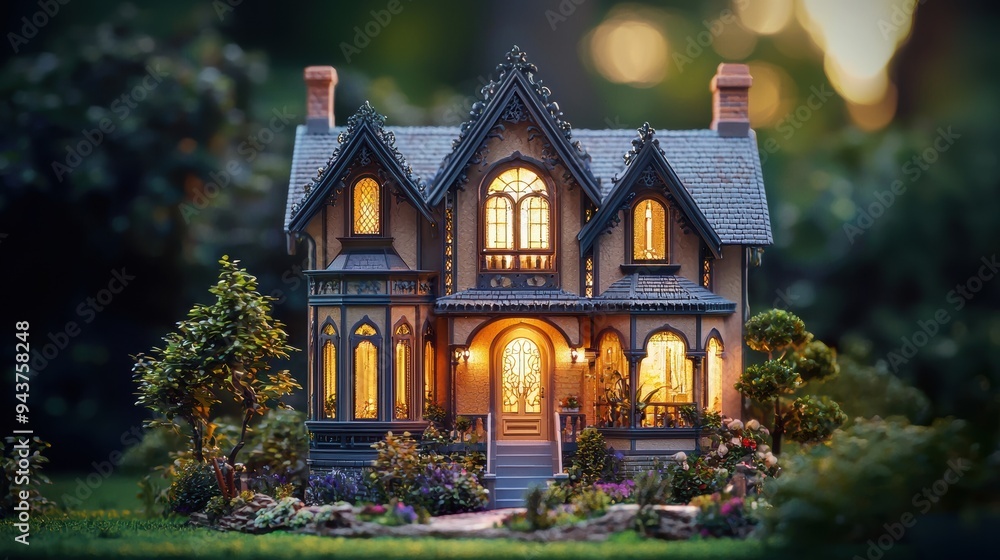 Intricate Miniature Victorian-Style House Model Intricate Miniature Victorian-Style House Model