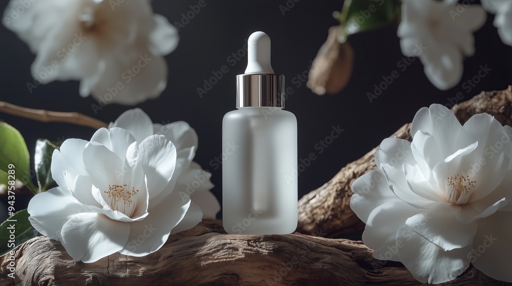 A serum essence in glass bottle, standing on wood, surrounded by camellia flowers. A serum essence in glass bottle, standing on wood, surrounded by camellia flowers.