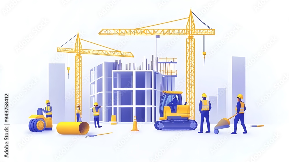 Vector illustration of a group of people working on a construction site, building a stairway and a modern yellow backhoe truck with a white background, in a flat design style with simple shapes Vector illustration of a group of people working on a construction site, building a stairway and a modern yellow backhoe truck with a white background, in a flat design style with simple shapes