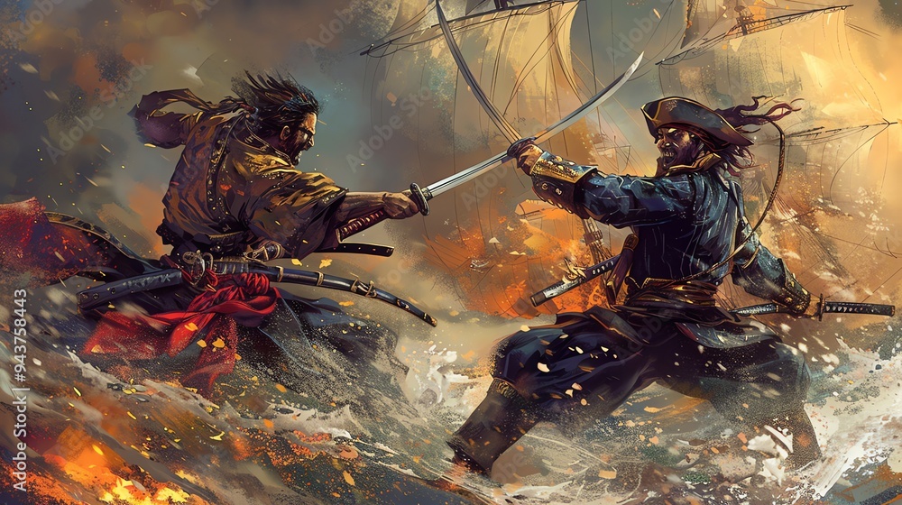 Naklejka premium A samurai and a pirate face off in a sword fight.