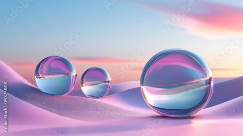 Pastel-colored translucent orbs float in a monochrome desert, casting soft shadows on a futuristic, minimalist landscape