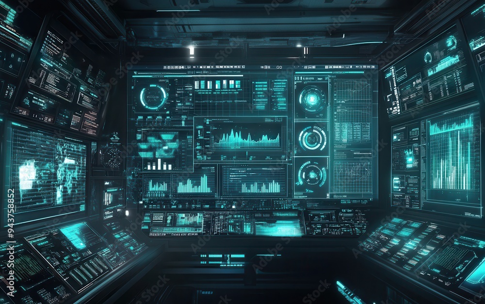 Fototapeta premium Futuristic Control Room with Multiple Screens Displaying Data and Information.