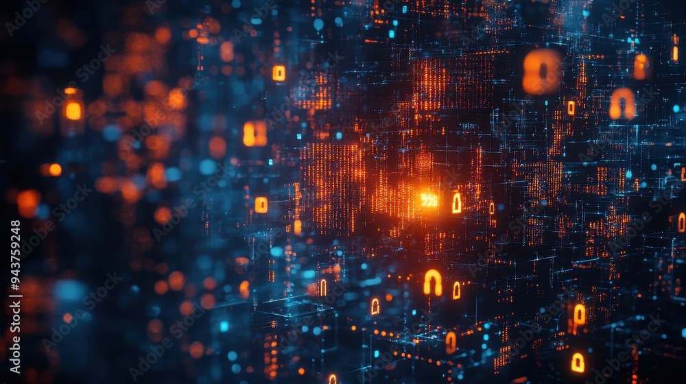 Abstract Digital Network with Glowing Orange and Blue Lights - Futuristic Technology Background. Abstract Digital Network with Glowing Orange and Blue Lights - Futuristic Technology Background.