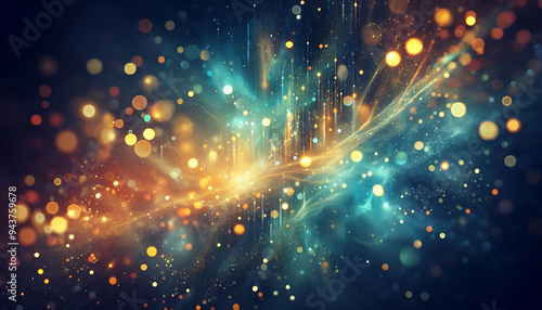 A vibrant abstract background featuring a blend of soft blue and gold tones illuminated by glimmering bokeh effects. Sparkling particles create a sense of golden and blue lights