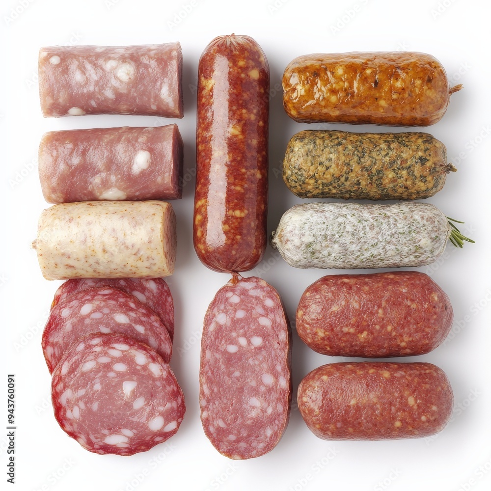 Assorted Sausages on White Background. Assorted Sausages on White Background.