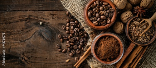 Coffee background featuring coffee beans cinnamon sticks walnuts and a brown fabric backdrop presented in a horizontal photo. with copy space image. Place for adding text or design