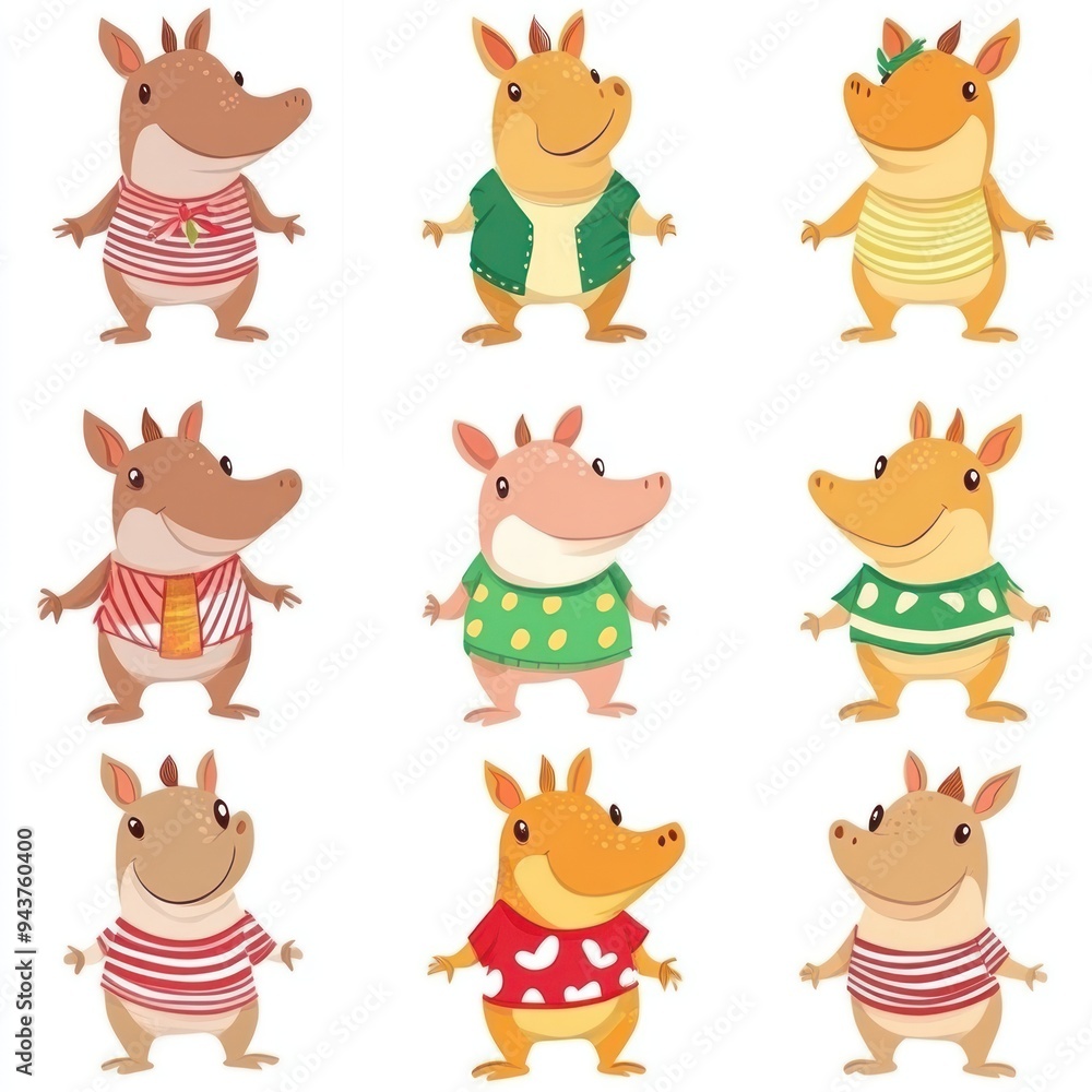 Fototapeta premium A colorful array of cartoon animals in various outfits and expressions.