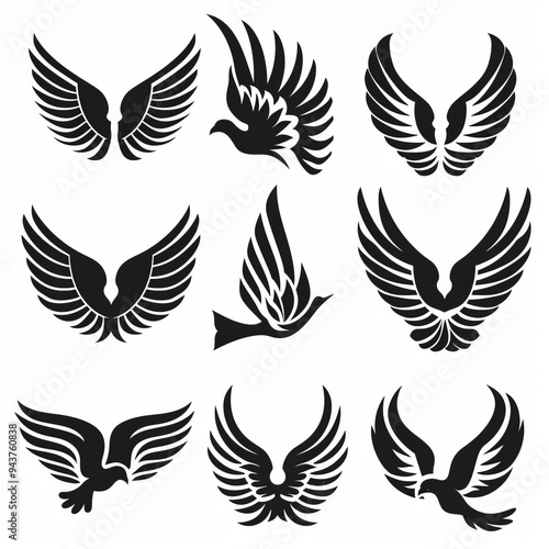 Wings flat icon, angel wings emblem, bird feathers minimal silhouette, pigeon sign, spirituality symbol