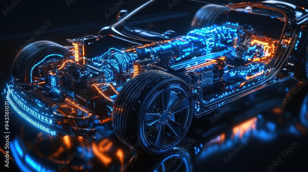 Futuristic Electric Car Engine with Glowing Blue and Orange Lines - 3D Render. Futuristic Electric Car Engine with Glowing Blue and Orange Lines - 3D Render.