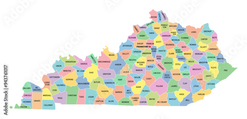 Kentucky, U.S. state, multi colored political map with borders, county names and Capital Frankfort. State in the Southeastern Region of the United States, subdivided into 120 counties. Bluegrass State