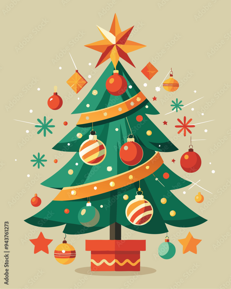 A Christmas tree being decorated with stars and ribbons illustration A Christmas tree being decorated with stars and ribbons illustration