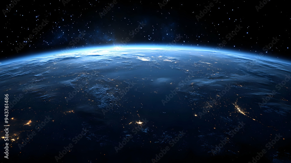 Fototapeta premium A stunning view of Earth from space, showcasing the planet's intricate details, including the curvature of the Earth, the vastness of space, and the glimmer of city lights.