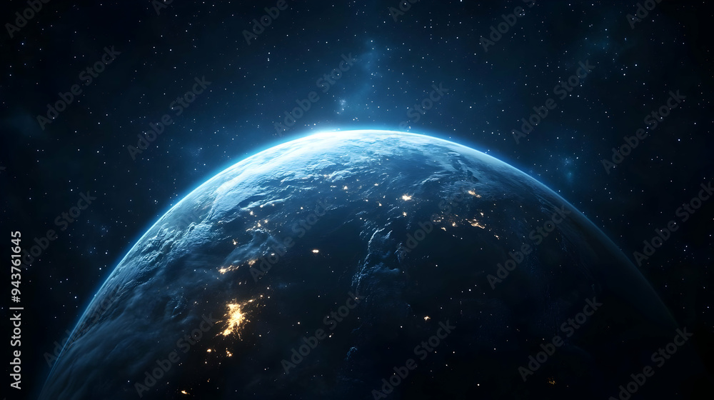 A stunning view of Earth from space, showing a crescent of the planet bathed in the glow of city lights and the vast expanse of the universe. A stunning view of Earth from space, showing a crescent of the planet bathed in the glow of city lights and the vast expanse of the universe.