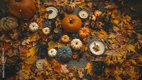 A cozy fall setting with a Halloween-themed table setup surrounded by autumn leaves, pumpkins, and spooky decor photo