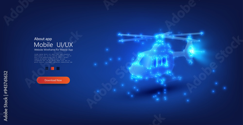 Futuristic helicopter in a glowing blue wireframe design, emphasizing advanced technology and aerial transportation. Vector illustration