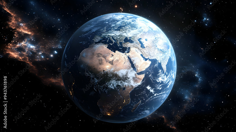 A stunning view of Earth from space, showing the continents and oceans in detail, with a bright blue sky and white clouds. A stunning view of Earth from space, showing the continents and oceans in detail, with a bright blue sky and white clouds.