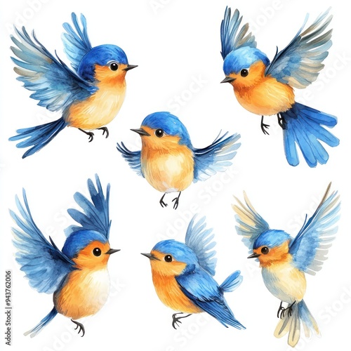 A collection of colorful bluebirds in various poses, showcasing their vibrant feathers.