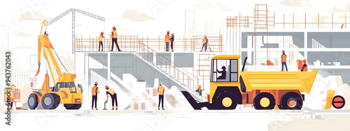 Vector illustration of a group of people working on a construction site, building a stairway and a modern yellow backhoe truck with a white background, in a flat design style with simple shapes