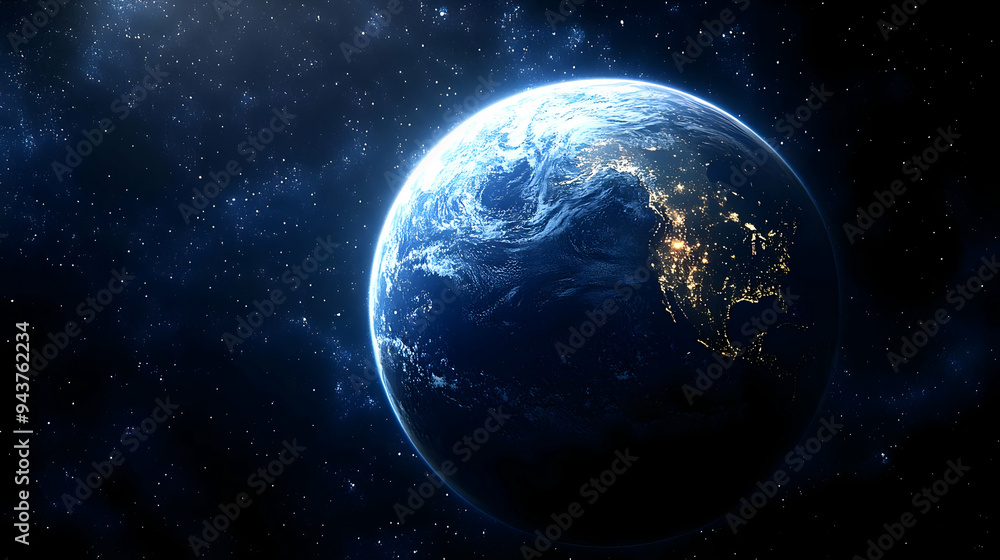 A stunning view of Earth from space, showing the continents, oceans, and city lights. A stunning view of Earth from space, showing the continents, oceans, and city lights.