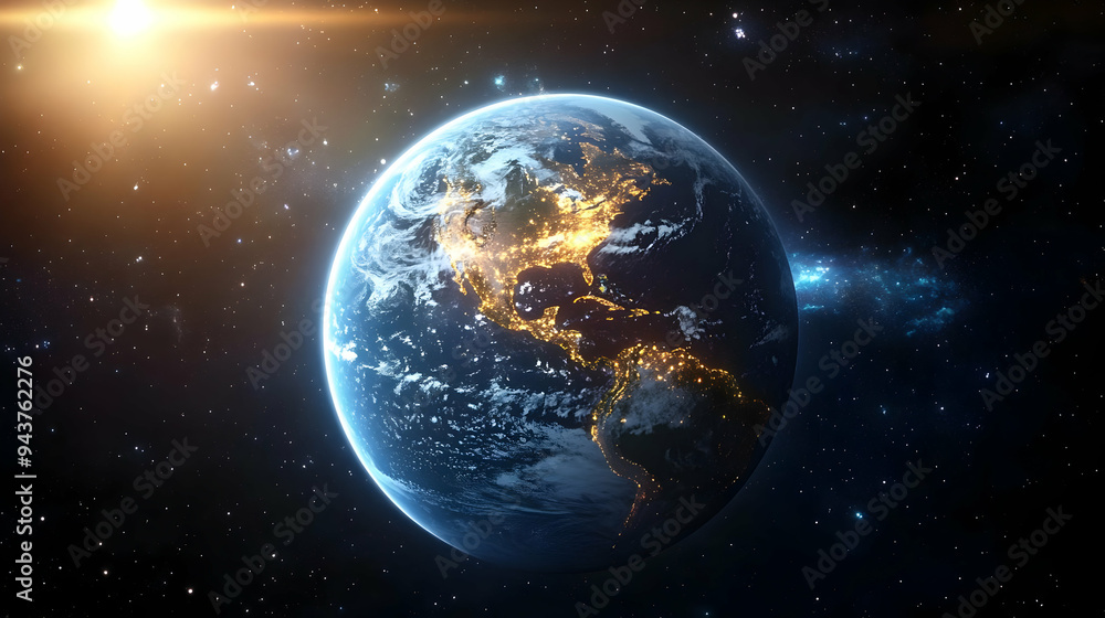 Obraz premium A stunning view of Earth from space, showing the continents, oceans, and city lights against a backdrop of stars and a bright sun.