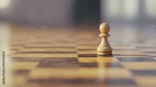 Minimalist chessboard with a single chess piece in focus leaving ample copy space for design elements or text overlay Conceptual image representing strategy decision making