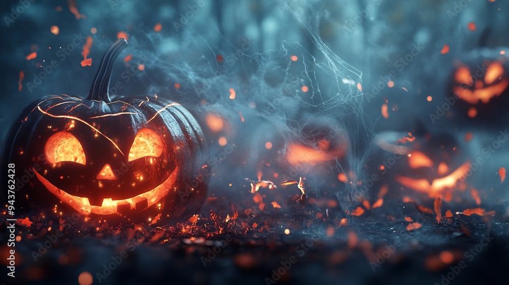 An atmospheric Halloween background with swirling fog and glowing, carved pumpkins scattered on the ground An atmospheric Halloween background with swirling fog and glowing, carved pumpkins scattered on the ground