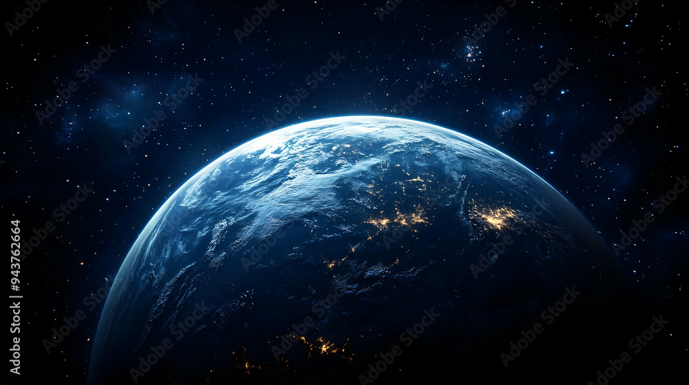 Obraz premium A stunning view of Earth from space, showing the planet's blue oceans, white clouds, and twinkling city lights against a backdrop of a starry night sky.