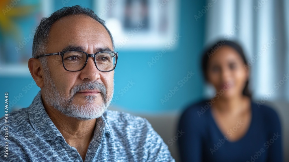 Fototapeta premium cultural stress relief workshop, a hispanic middle-aged man attends a stress-relief workshop led by a supportive african american counselor in a serene setting with calming blue decor