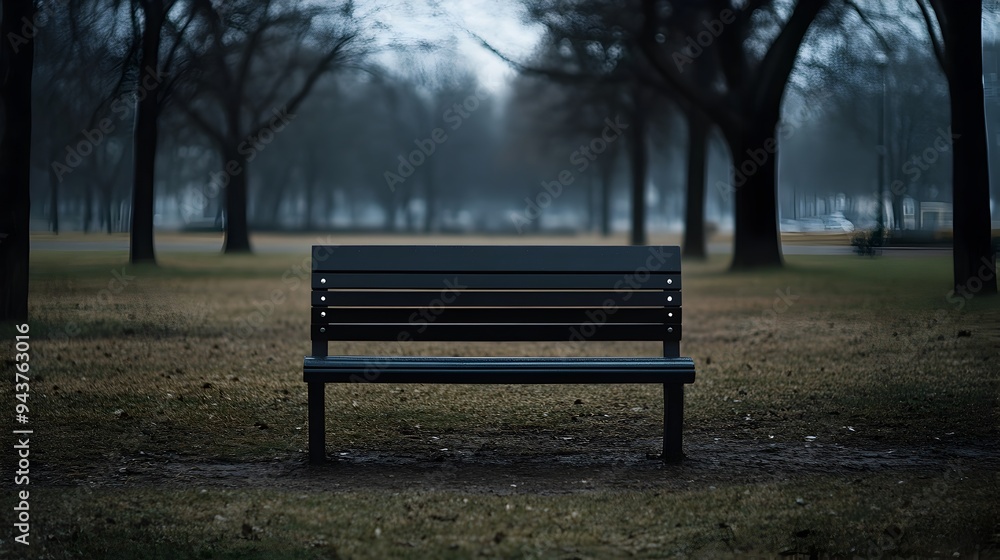 A simple sleek bench set in a tranquil minimalist urban park setting providing a serene and contemplative space with ample copy space for design or text overlays A simple sleek bench set in a tranquil minimalist urban park setting providing a serene and contemplative space with ample copy space for design or text overlays