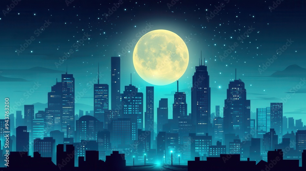 Naklejka premium Night Cityscape with Full Moon and Stars Illustration - Urban Landscape, Skyscrapers, Nighttime, Glow, Moonlight.