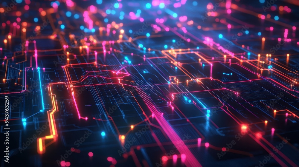 Fototapeta premium Abstract Neon Circuit Board Pattern with Red, Blue, and Orange Lights.