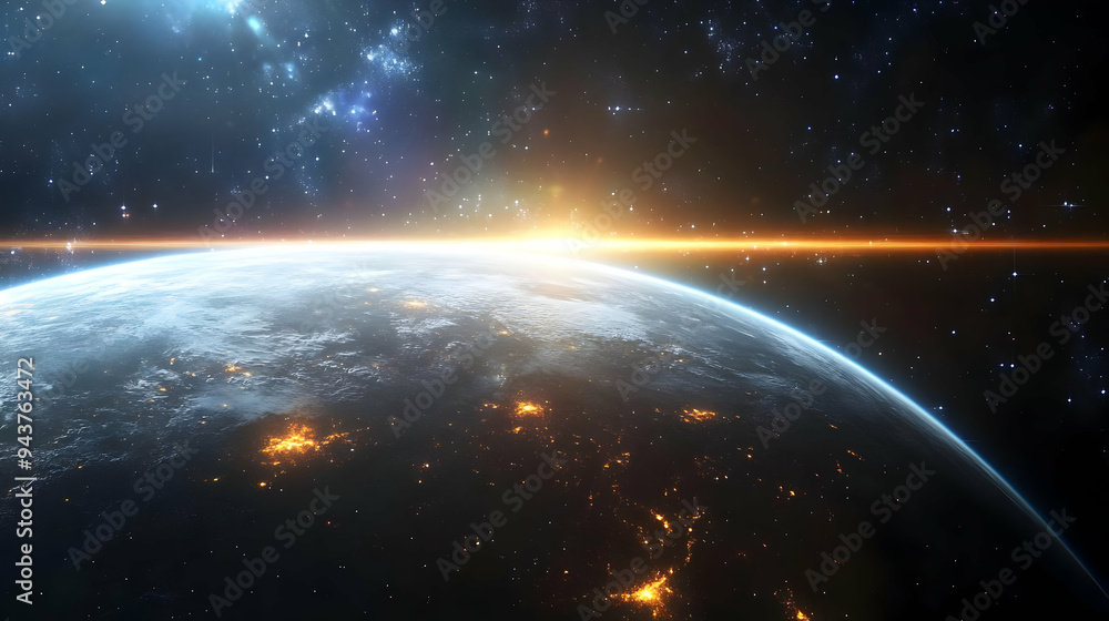 A stunning view of Earth from space, with a bright light illuminating the horizon, surrounded by stars. A stunning view of Earth from space, with a bright light illuminating the horizon, surrounded by stars.