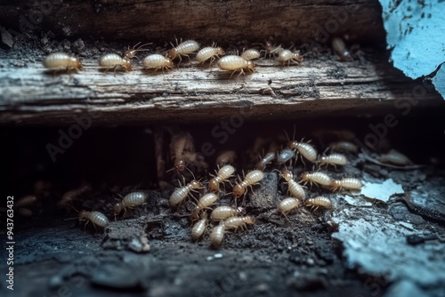 Termites Eating Wooden Beam in Abandoned House with Copy Space photo