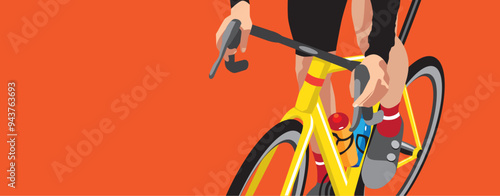 Cyclist riding a bicycle standing up, pedaling hard, colorful and dynamic vector illustration with copy space
