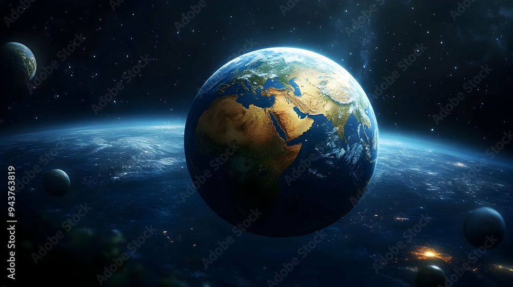 A stunning view of Earth from space, with a few other planets visible in the distance. A stunning view of Earth from space, with a few other planets visible in the distance.