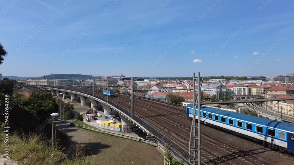 Prague railway with city skyline Prague railway with city skyline