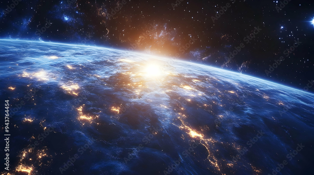 A stunning view of Earth from space, with city lights twinkling across the globe. A stunning view of Earth from space, with city lights twinkling across the globe.