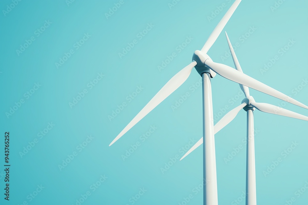 Capture a worms-eye view of wind turbines, towering against a clear sky, symbolizing sustainable energy in a digital photorealistic style Capture a worms-eye view of wind turbines, towering against a clear sky, symbolizing sustainable energy in a digital photorealistic style