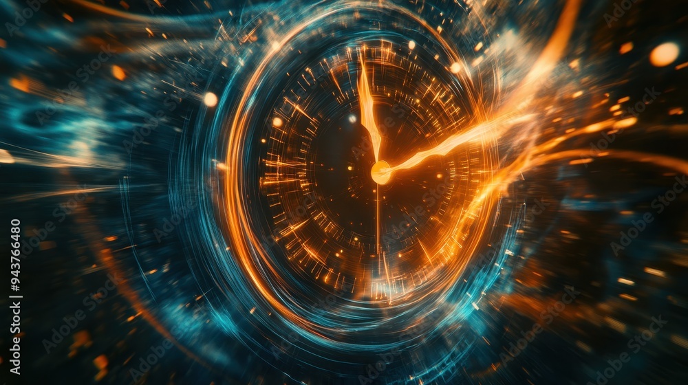 Obraz premium Abstract Clock with Orange and Blue Lights, Time, Future, Speed, Digital, Motion, Warp, Technology, Concept