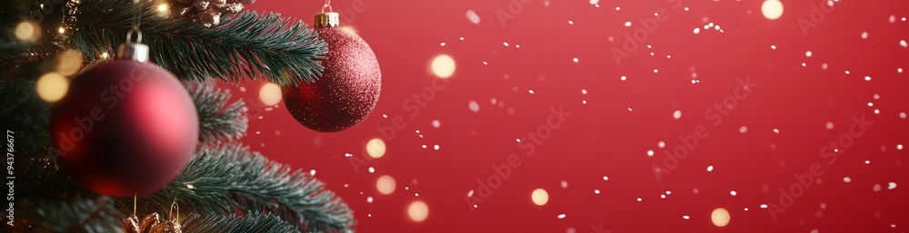 Fototapeta premium A black background with red ornaments and green pine branches on the right side, and a red background with bokeh lights in the center