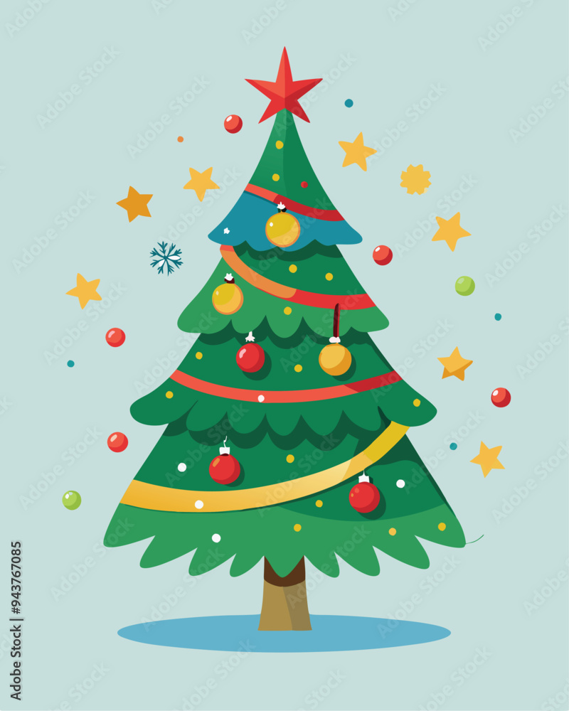 A Christmas tree being decorated with stars and ribbons illustration A Christmas tree being decorated with stars and ribbons illustration