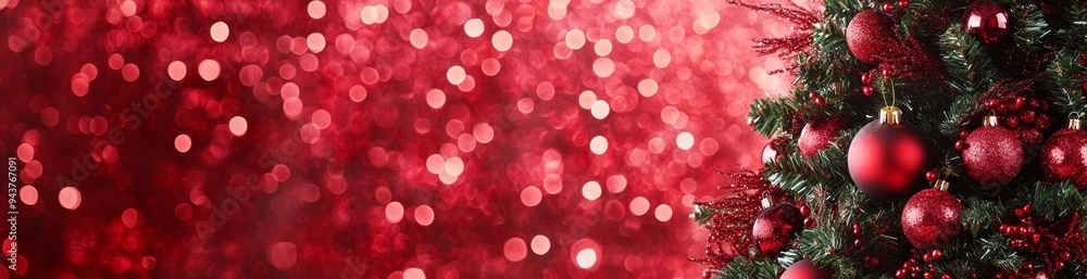 Against a red background, a Christmas tree adorned with red ornaments Against a red background, a Christmas tree adorned with red ornaments
